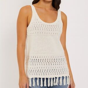 a.n.a Women’s Cream Knit Top with Fringe Accents Size M